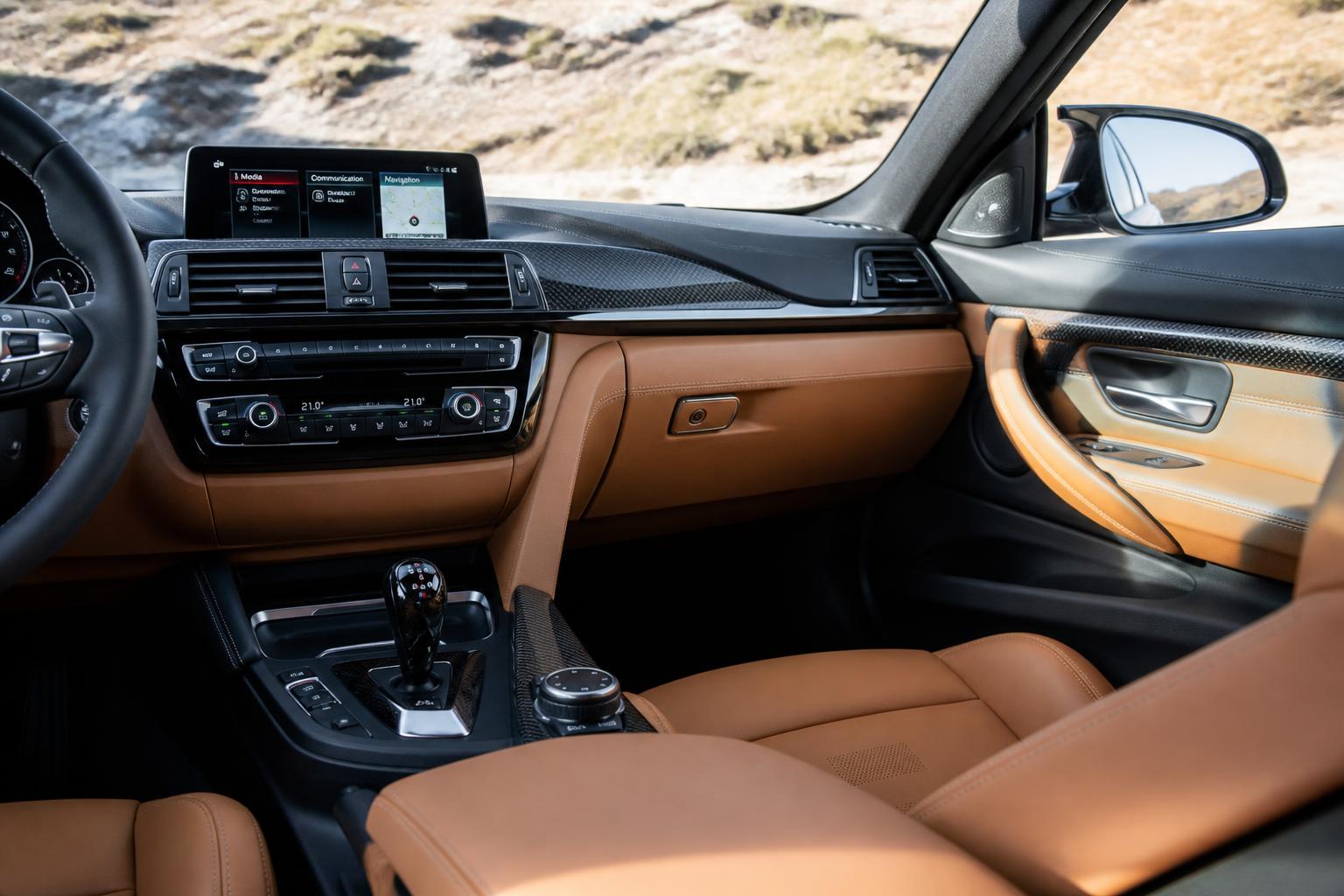 Detailed leather and carbon fibre interior